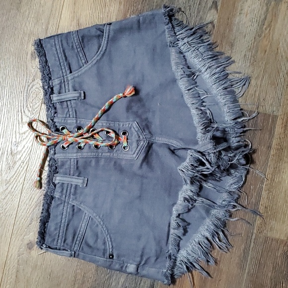 We the free by free people fringe cutoff denim grey lace up shorts distressed - Picture 1 of 6
